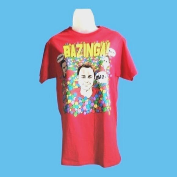 BIG BANG THEORY BAZINGA Sheldon RED Promo tv Station Size SMALL Men's T-SHIRT - Picture 1 of 5